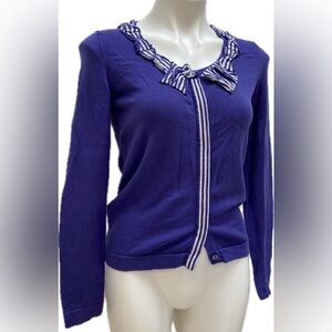 BODEN PURPLE STRIPED BOW HIDDEN BUTTON FRONT LIGHTWEIGHT UNIQUE CARDIGAN
